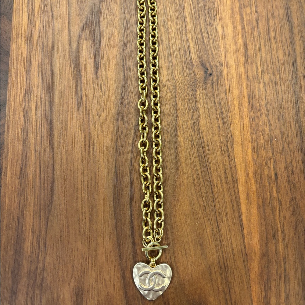 Upcycled CHANEL Button Gold Heart Necklace with Logo